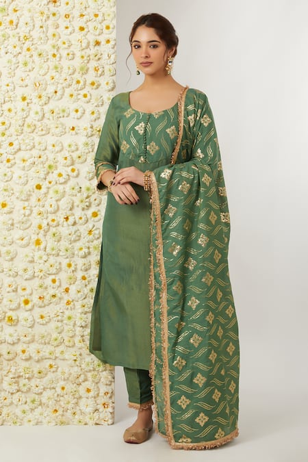 Tashee Green Kurta And Pant Tissue Embroidered Floral Round Neck Set 