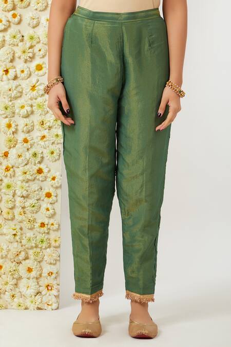 Tashee Green Tissue, Chanderi Embroidery Round Neck Floral Kurta Pant Set Online at Aza Fashions Tashee_Green Tissue, Chanderi Embroidery Round Neck Floral Kurta Pant Set _Online_at_Aza_Fashions