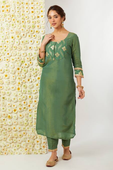 Buy Tashee Green Tissue, Chanderi Embroidery Round Neck Floral Kurta Pant Set Online at Aza Fashions Buy_Tashee_Green Tissue, Chanderi Embroidery Round Neck Floral Kurta Pant Set _Online_at_Aza_Fashions