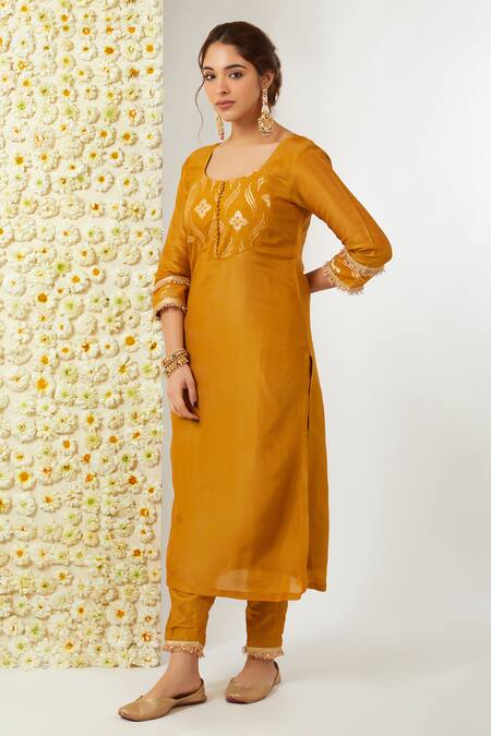 Tashee Yellow Tissue Embroidery Round Neck Floral Kurta And Pant Set Online at Aza Fashions Tashee_Yellow Tissue Embroidery Round Neck Floral Kurta And Pant Set _Online_at_Aza_Fashions