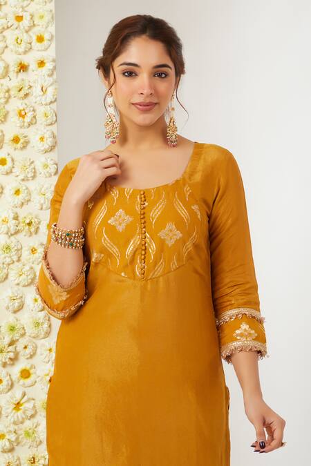 Buy Tashee Yellow Tissue Embroidery Round Neck Floral Kurta And Pant Set Online at Aza Fashions Buy_Tashee_Yellow Tissue Embroidery Round Neck Floral Kurta And Pant Set _Online_at_Aza_Fashions