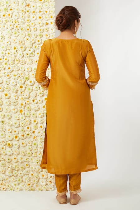 Shop Tashee Yellow Tissue Embroidery Round Neck Floral Kurta And Pant Set at Aza Fashions Shop_Tashee_Yellow Tissue Embroidery Round Neck Floral Kurta And Pant Set _at_Aza_Fashions