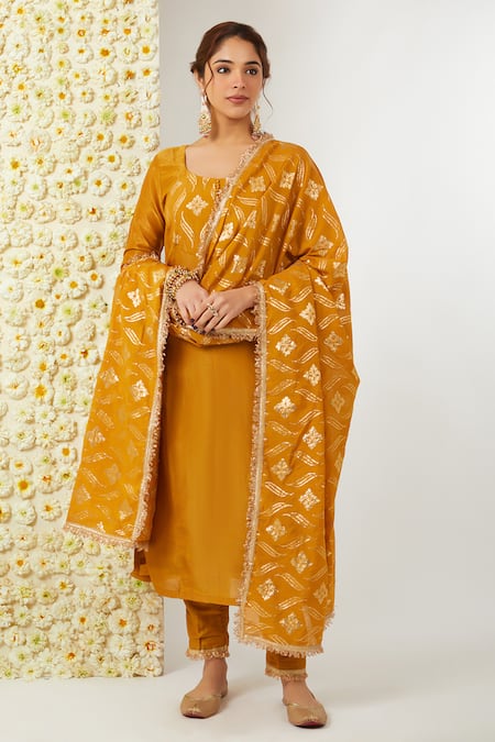 Tashee Yellow Kurta And Pant Tissue Embroidered Floral Round Neck Set 