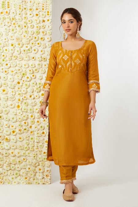 Tashee Yellow Tissue, Chanderi Embroidery Round Neck Floral Kurta Pant Set Online at Aza Fashions Tashee_Yellow Tissue, Chanderi Embroidery Round Neck Floral Kurta Pant Set _Online_at_Aza_Fashions