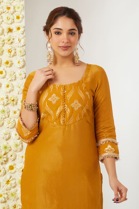 Shop Tashee Yellow Tissue, Chanderi Embroidery Round Neck Floral Kurta Pant Set Online at Aza Fashions Shop_Tashee_Yellow Tissue, Chanderi Embroidery Round Neck Floral Kurta Pant Set _Online_at_Aza_Fashions