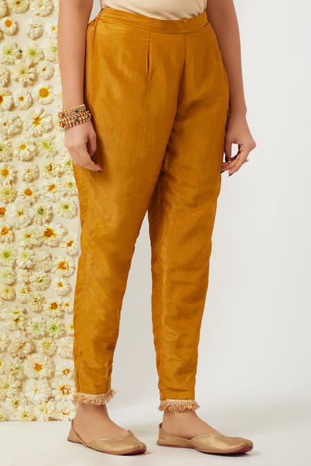 Tashee Yellow Tissue, Chanderi Embroidery Round Neck Floral Kurta Pant Set at Aza Fashions Tashee_Yellow Tissue, Chanderi Embroidery Round Neck Floral Kurta Pant Set _at_Aza_Fashions