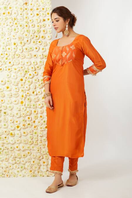 Buy_Tashee_Orange Tissue Embroidery Round Neck Floral Kurta And Pant Set _Online_at_Aza_Fashions