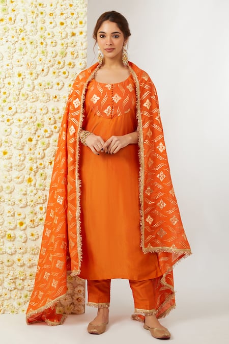 Tashee Orange Kurta And Pant Tissue Embroidered Floral Round Set 