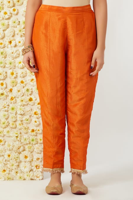 Tashee_Orange Tissue, Chanderi Embroidery Round Neck Floral Kurta Pant Set _Online_at_Aza_Fashions