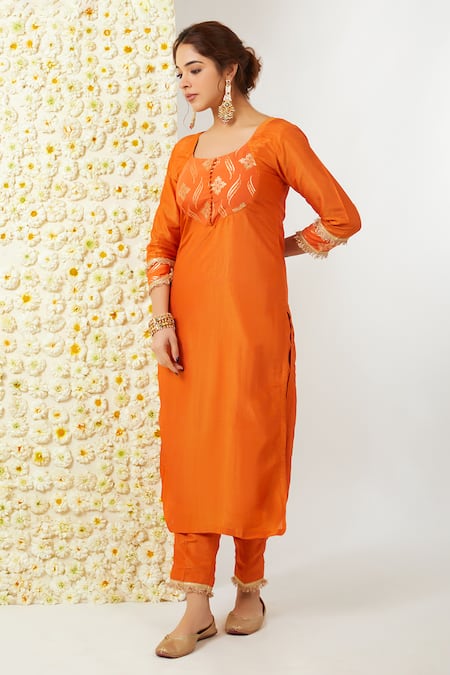 Shop_Tashee_Orange Tissue, Chanderi Embroidery Round Neck Floral Kurta Pant Set _Online_at_Aza_Fashions