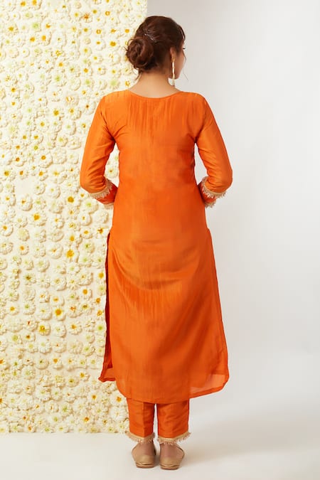 Shop_Tashee_Orange Tissue, Chanderi Embroidery Round Neck Floral Kurta Pant Set _at_Aza_Fashions