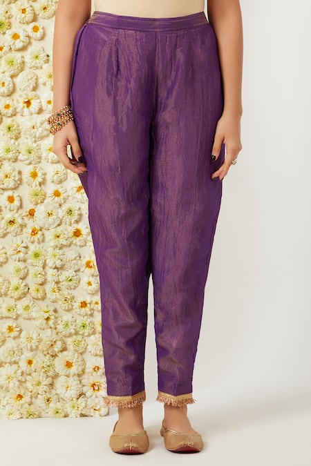 Tashee_Purple Tissue, Chanderi Embroidery Round Neck Floral Work Kurta Pant Set _Online_at_Aza_Fashions