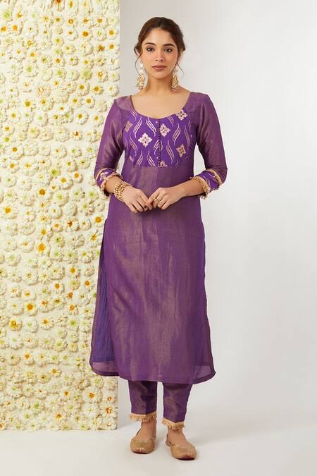 Buy_Tashee_Purple Tissue, Chanderi Embroidery Round Neck Floral Work Kurta Pant Set _Online_at_Aza_Fashions