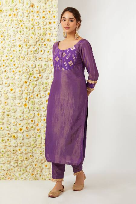 Shop_Tashee_Purple Tissue, Chanderi Embroidery Round Neck Floral Work Kurta Pant Set _Online_at_Aza_Fashions