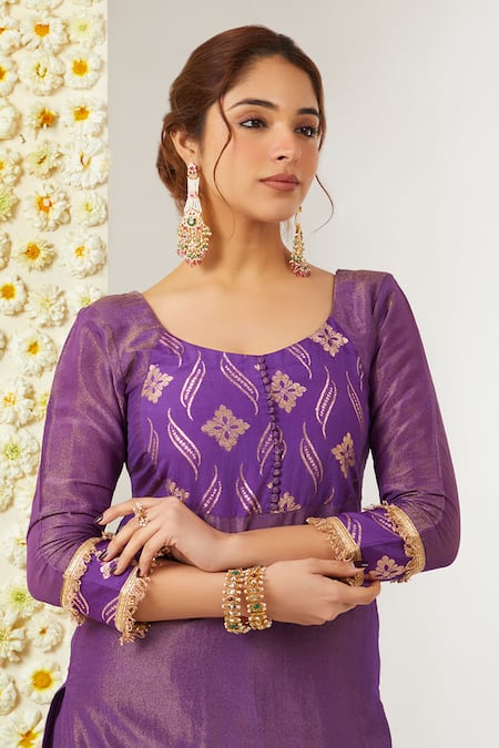 Tashee_Purple Tissue, Chanderi Embroidery Round Neck Floral Work Kurta Pant Set _at_Aza_Fashions