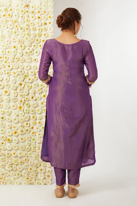 Shop_Tashee_Purple Tissue, Chanderi Embroidery Round Neck Floral Work Kurta Pant Set _at_Aza_Fashions