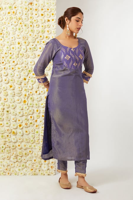Shop_Tashee_Blue Tissue Embroidery Round Neck Kurta And Pant Set _Online_at_Aza_Fashions