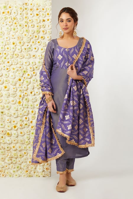 Tashee Blue Kurta And Pant Tissue Embroidered Floral Round Set 