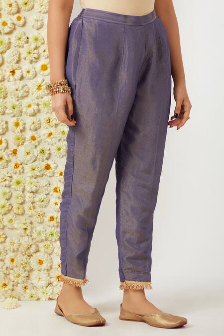 Tashee_Blue Tissue, Chanderi Embroidery Round Neck Kurta Pant Set _Online_at_Aza_Fashions