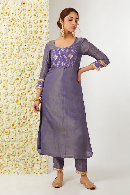 Buy_Tashee_Blue Tissue, Chanderi Embroidery Round Neck Kurta Pant Set _Online_at_Aza_Fashions