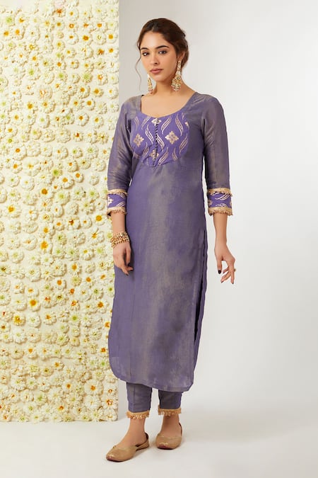 Shop_Tashee_Blue Tissue, Chanderi Embroidery Round Neck Kurta Pant Set _Online_at_Aza_Fashions
