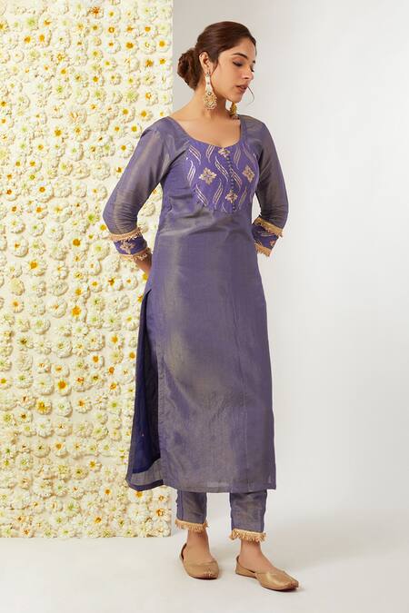 Tashee_Blue Tissue, Chanderi Embroidery Round Neck Kurta Pant Set _at_Aza_Fashions