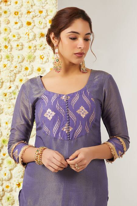 Buy_Tashee_Blue Tissue, Chanderi Embroidery Round Neck Kurta Pant Set 