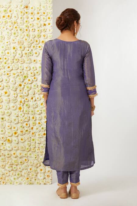 Shop_Tashee_Blue Tissue, Chanderi Embroidery Round Neck Kurta Pant Set _at_Aza_Fashions