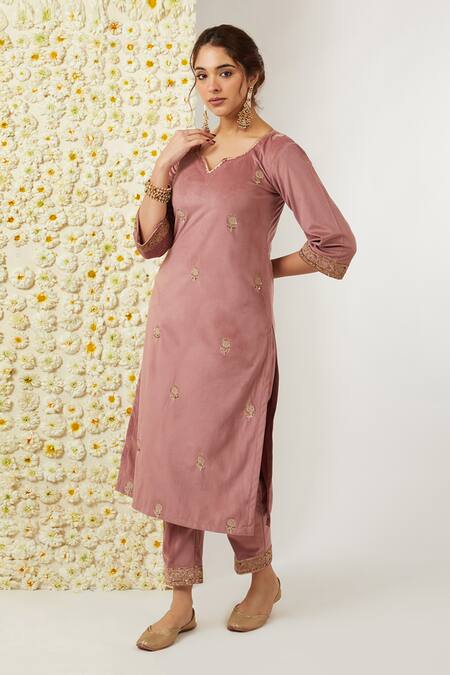 Buy Tashee Coral Velvet Embroidery Split V-neck Notched Kurta And Pant Set Online at Aza Fashions Buy_Tashee_Coral Velvet Embroidery Split V-neck Notched Kurta And Pant Set _Online_at_Aza_Fashions
