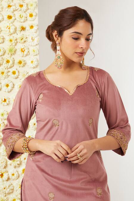 Shop Tashee Coral Velvet Embroidery Split V-neck Notched Kurta And Pant Set Online at Aza Fashions Shop_Tashee_Coral Velvet Embroidery Split V-neck Notched Kurta And Pant Set _Online_at_Aza_Fashions