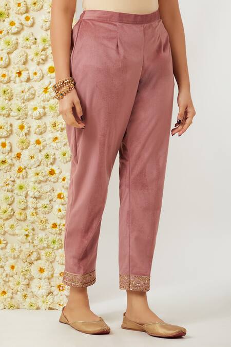 Tashee Coral Velvet, Organza Embroidery Split V-neck Notched Kurta Pant Set Online at Aza Fashions Tashee_Coral Velvet, Organza Embroidery Split V-neck Notched Kurta Pant Set _Online_at_Aza_Fashions
