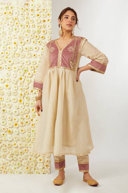 Buy Tashee Beige Velvet, Tissue, Organza Sequins, Embroidery V Floral Kurta Pant Set Online at Aza Fashions Buy_Tashee_Beige Velvet, Tissue, Organza Sequins, Embroidery V Floral Kurta Pant Set _Online_at_Aza_Fashions