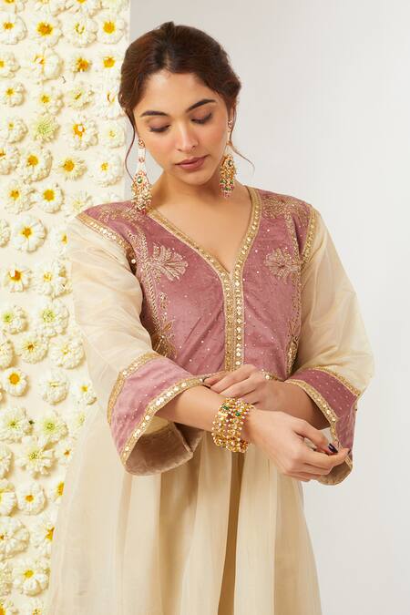 Tashee Beige Velvet, Tissue, Organza Sequins, Embroidery V Floral Kurta Pant Set at Aza Fashions Tashee_Beige Velvet, Tissue, Organza Sequins, Embroidery V Floral Kurta Pant Set _at_Aza_Fashions