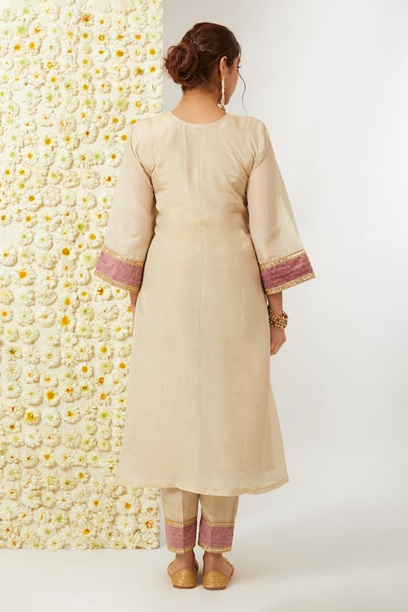 Shop Tashee Beige Velvet, Tissue, Organza Sequins, Embroidery V Floral Kurta Pant Set at Aza Fashions Shop_Tashee_Beige Velvet, Tissue, Organza Sequins, Embroidery V Floral Kurta Pant Set _at_Aza_Fashions