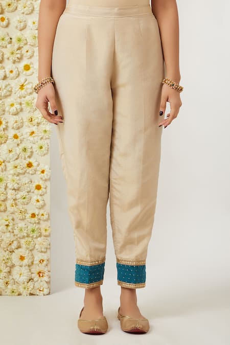Tashee_Beige Velvet, Tissue, Organza Embroidery V-neck Floral Kurta Pant Set _Online_at_Aza_Fashions