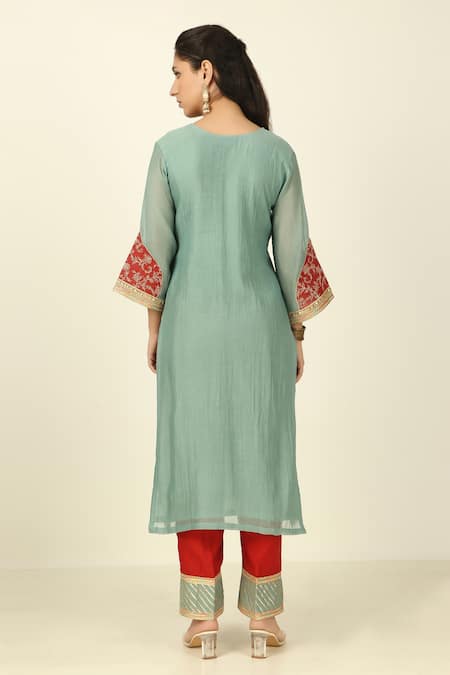 Shop Tashee Blue Chanderi, Cotton Embroidery, Lace V-neck Floral Kurta Pant Set at Aza Fashions Shop_Tashee_Blue Chanderi, Cotton Embroidery, Lace V-neck Floral Kurta Pant Set _at_Aza_Fashions
