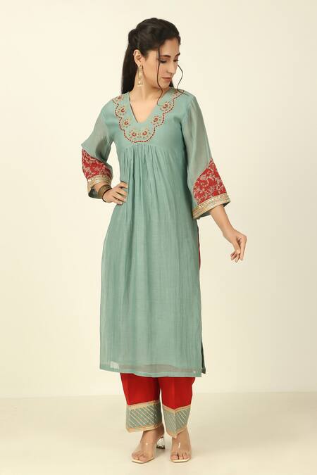 Shop Tashee Blue Chanderi, Cotton Embroidery, Lace V-neck Floral Kurta Pant Set Online at Aza Fashions Shop_Tashee_Blue Chanderi, Cotton Embroidery, Lace V-neck Floral Kurta Pant Set _Online_at_Aza_Fashions