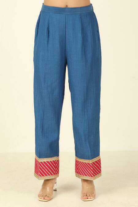 Tashee_Blue Chanderi, Cotton Embroidery, Lace V-neck Threadwork Kurta Pant Set _Online_at_Aza_Fashions