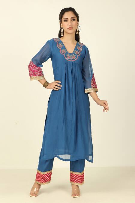 Shop_Tashee_Blue Chanderi, Cotton Embroidery, Lace V-neck Threadwork Kurta Pant Set _Online_at_Aza_Fashions