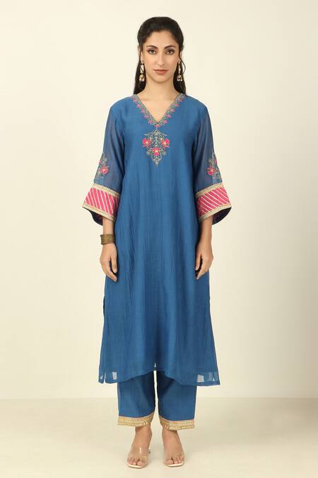 Buy Tashee Blue Chanderi, Cotton Embroidery V-neck Floral Vine Threadwork Kurta With Pant Online at Aza Fashions Buy_Tashee_Blue Chanderi, Cotton Embroidery V-neck Floral Vine Threadwork Kurta With Pant _Online_at_Aza_Fashions