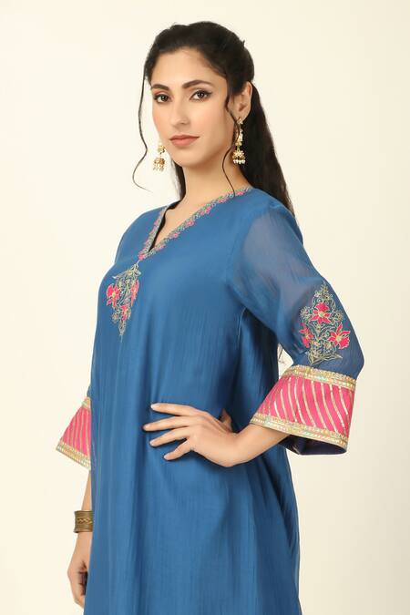 Shop Tashee Blue Chanderi, Cotton Embroidery V-neck Floral Vine Threadwork Kurta With Pant Online at Aza Fashions Shop_Tashee_Blue Chanderi, Cotton Embroidery V-neck Floral Vine Threadwork Kurta With Pant _Online_at_Aza_Fashions