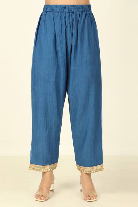 Tashee_Blue Chanderi, Cotton Embroidery, Lace Floral Vine Threadwork Kurta Pant Set _Online_at_Aza_Fashions