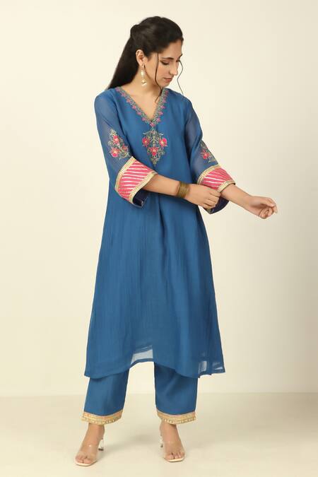 Shop_Tashee_Blue Chanderi, Cotton Embroidery, Lace Floral Vine Threadwork Kurta Pant Set _Online_at_Aza_Fashions