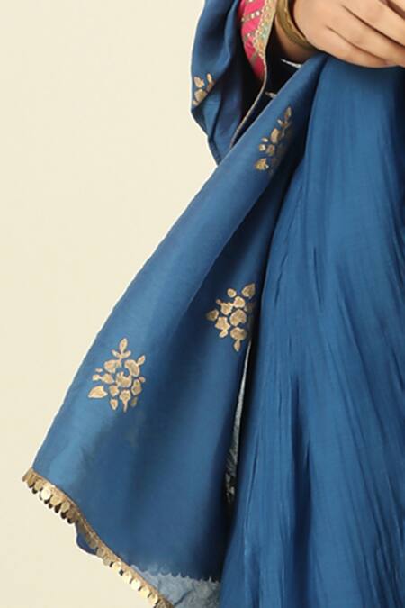 Shop_Tashee_Blue Chanderi, Cotton Embroidery, Lace Floral Vine Threadwork Kurta Pant Set 