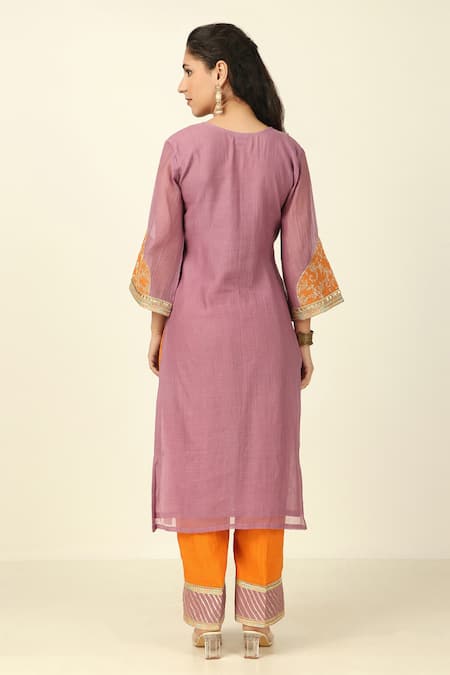 Shop_Tashee_Purple Chanderi, Cotton Embroidery V-neck Threadwork Kurta With Pant _at_Aza_Fashions