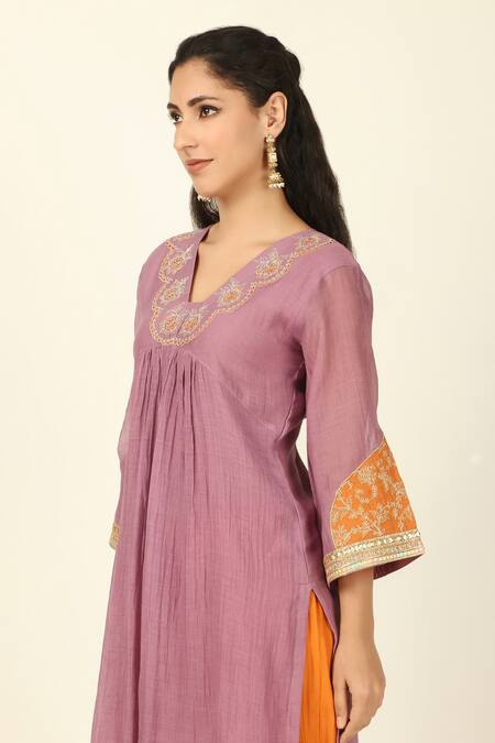 Shop_Tashee_Purple Chanderi, Cotton Embroidery V-neck Threadwork Kurta With Pant _Online_at_Aza_Fashions