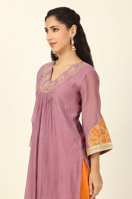 Tashee_Purple Chanderi, Cotton Lace, Embroidery V-neck Threadwork Kurta Pant Set _at_Aza_Fashions