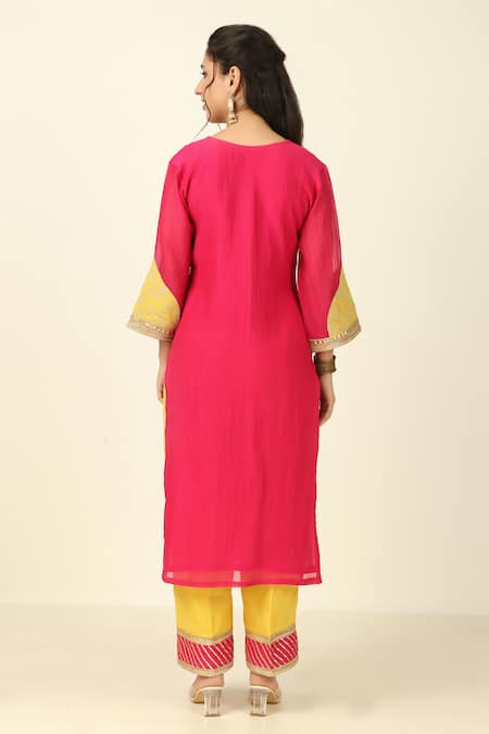Shop_Tashee_Magenta Chanderi, Cotton Embroidery, Applique Collared Kurta With Pant _at_Aza_Fashions