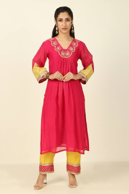 Buy Tashee Magenta Chanderi, Cotton Embroidery Collared Straight Kurta Pant Set Online at Aza Fashions Buy_Tashee_Magenta Chanderi, Cotton Embroidery Collared Straight Kurta Pant Set _Online_at_Aza_Fashions