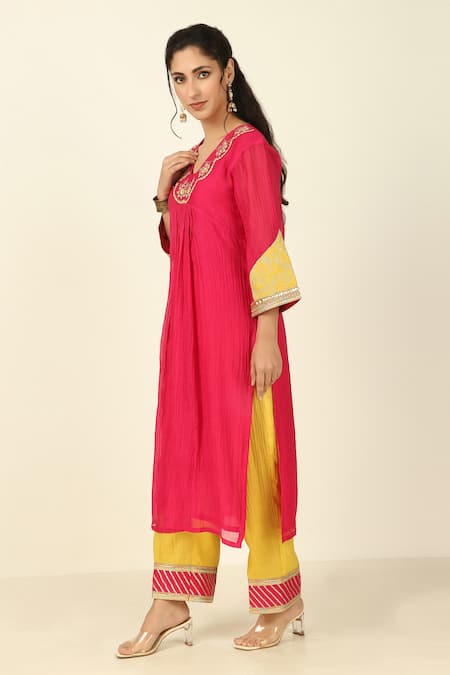 Shop Tashee Magenta Chanderi, Cotton Embroidery Collared Straight Kurta Pant Set Online at Aza Fashions Shop_Tashee_Magenta Chanderi, Cotton Embroidery Collared Straight Kurta Pant Set _Online_at_Aza_Fashions